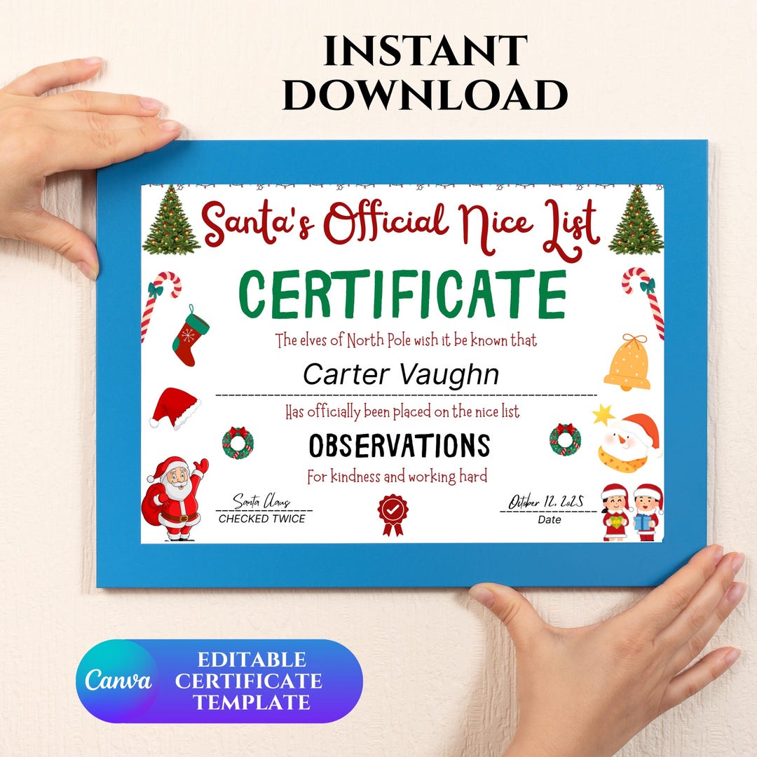 Santa Claus Nice List Official Certificate Letter From Desk of Santa ...
