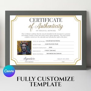 May include: A framed certificate of authenticity template with gold accents. The certificate includes details like the artwork title "COLOR NATIVE PEOPLE", artist name, and dimensions of 11"x8.5". The Canva logo is visible in the bottom left corner.