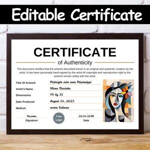 May include: A framed certificate of authenticity with the text "Certificate of Authenticity." The certificate includes details like the artwork title, artist's name, dimensions (79 by 35 cm), date produced, and medium. An abstract art piece is featured.