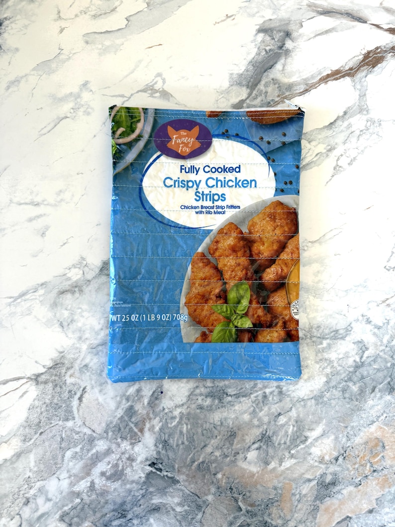 Upcycled Quilted Zipper Bag | Crispy Chicken Bag with Chicken & Cow Liner | Recycled Frozen Food Packaging Pouch | Eco-friendly Gift image 2