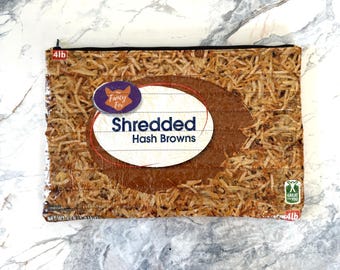 Upcycled Quilted Zipper Bag | Shredded Hash Brown Bag with Potato Liner | Recycled Frozen Food Packaging Pouch | Eco-friendly Gift