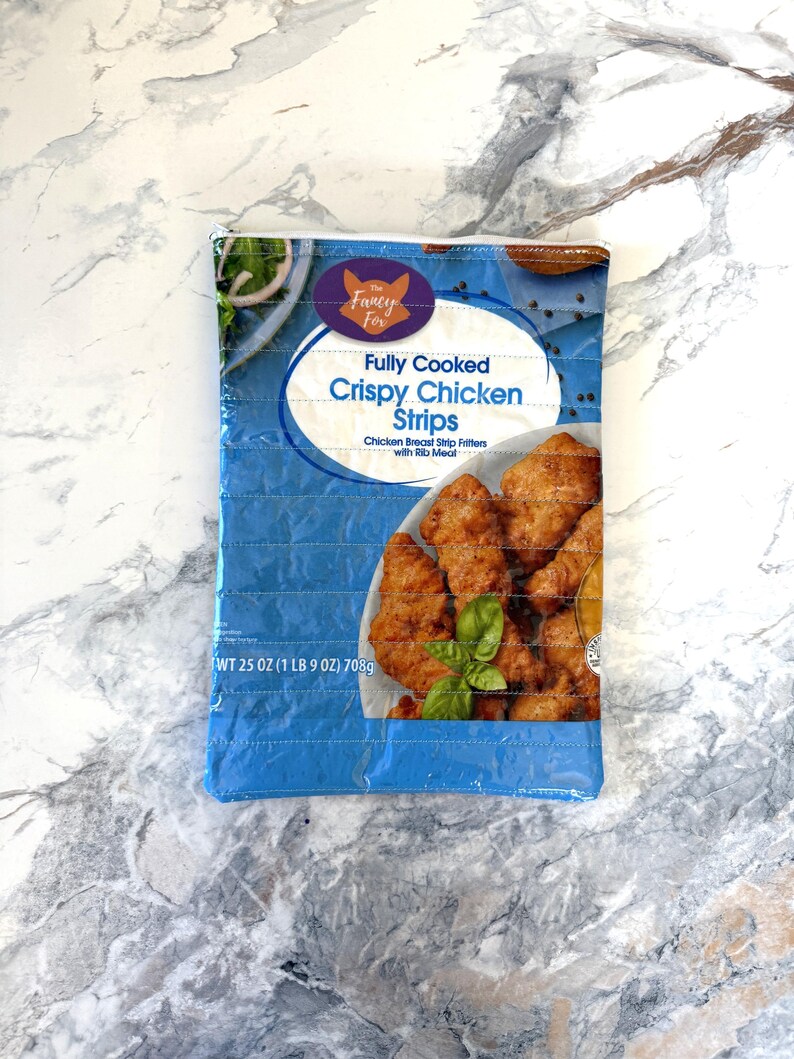 Upcycled Quilted Zipper Bag | Crispy Chicken Bag with Chicken & Cow Liner | Recycled Frozen Food Packaging Pouch | Eco-friendly Gift image 1