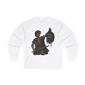 Biblical Story David Defeats Goliath Long Sleeve Tee - Religious Christian Shirt, Vintage Graphic Top, Faith Apparel, Religious Gift, Unisex