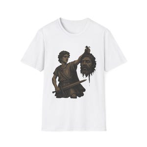 David defeats Goliath Biblical Unisex Softstyle T-Shirt, Christian Faith Tee, Religious Graphic Shirt, Inspirational Scripture Top, Goliath