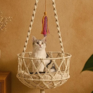 Hanging Cat Bed Hammock with Cushion – Macrame Pet Swing for Indoor Cats – Cozy Elevated Cat Nest – Boho Cat Furniture