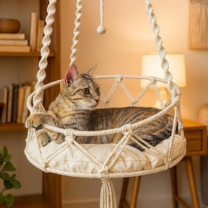 Macrame Cat Hammock Bed – Hanging Cat Swing with Cushion | Boho Pet Furniture for Cats & Kittens | Cozy Cat Basket for Wall or Ceiling