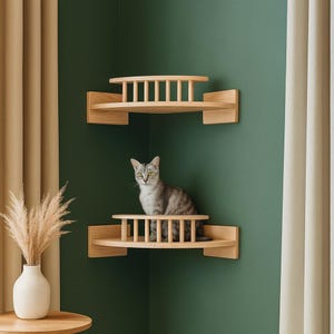 モダンな壁掛け式キャットシェルフ - 室内猫用木製キャットクライミングパーチセット