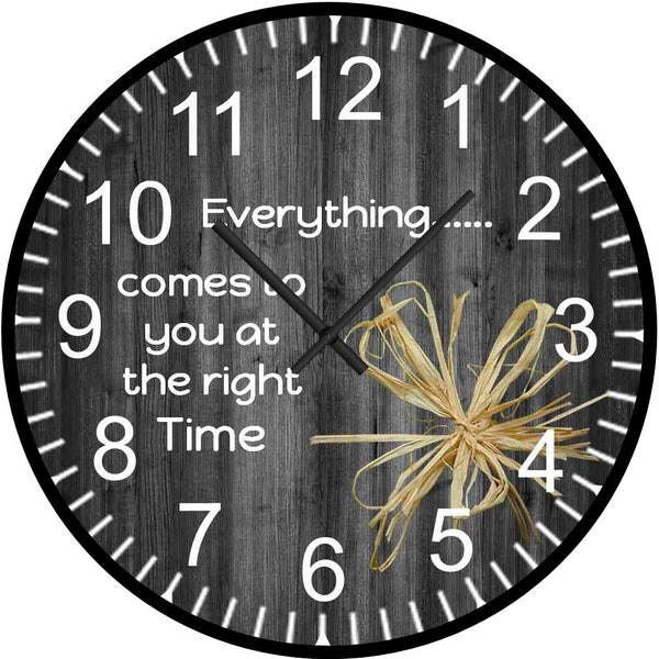 9" Grey & Black Wood Plank Raffia Wall Clock-Everything comes to you at the right time