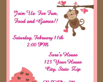 20 Personalized Valentine's Day Party Invitations~Hearts, Monkey