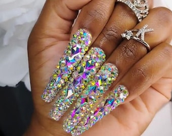 AB Rhinestone Press On Nails: Luxury Red Bling, XL Length