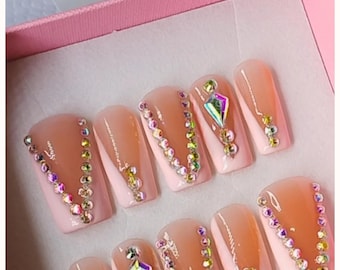 Handmade Pink French Tip Press On Nails: 3D Floral, Gold Charms | Spring Nails | Summer Nails