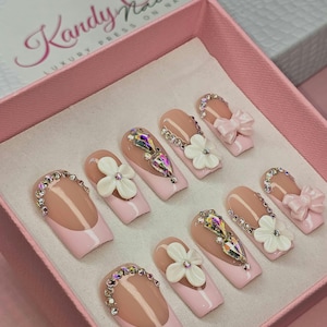 Bling French Tip Press On Nails: Handmade Rhinestone Bridal Nails