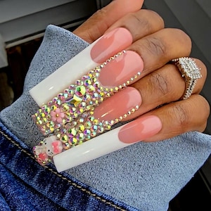 White French Tip Press On Nails | Handmade Press On Nails | Acrylic Nails | Bling Nails | False Nails Custom Nails | Long Press On Nails