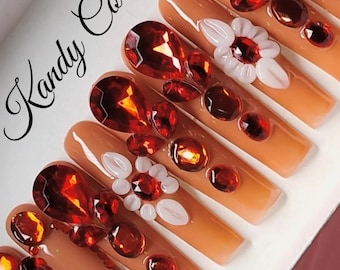 Red Rhinestone Press On Nails: Luxury Bling, Gem Nail Art | Valentine's Day Nails