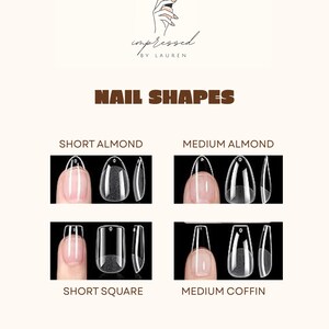 Pu&ograve; includere: Grafica beige con forme di unghie: Mandorla corta, Mandorla media, Quadrato corto e Bara media. L'immagine include un logo con il testo "impressed by LAUREN" e una mano che tiene un flacone di smalto per unghie. Il titolo "NAIL SHAPES" &egrave; in lettere marroni in grassetto.