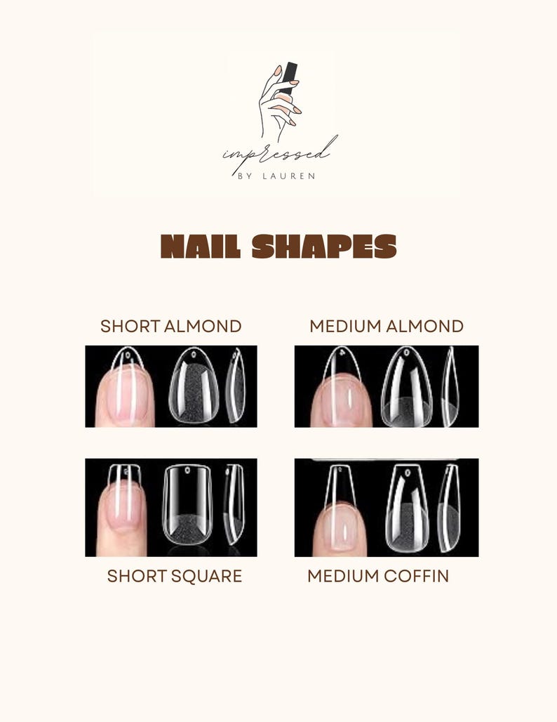 Pu&ograve; includere: Grafica beige con forme di unghie: Mandorla corta, Mandorla media, Quadrato corto e Bara media. L'immagine include un logo con il testo "impressed by LAUREN" e una mano che tiene un flacone di smalto per unghie. Il titolo "NAIL SHAPES" &egrave; in lettere marroni in grassetto.