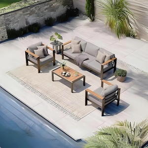 Aluminum Outdoor Patio Furniture Set, 4 Piece Modern Conversation Set with Coffee Table, Gray Cushions, Weather Resistant for Deck, Balcony