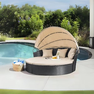 Rattan Outdoor Daybed with Retractable Canopy, Wicker Patio Sectional Sofa with Cushions, Garden Furniture for Porch, Deck, Pool lounge