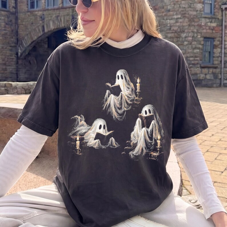 Ghost Reading Shirt, Book Lover Halloween Tee, Spooky Season Gift, Librarian Bookworm Shirt image 3