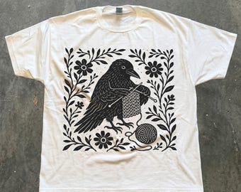 Crow Knitting T-Shirt, Linocut Style Bird Tee, Floral Knitter Shirt, Gothic Cottagecore Gift
