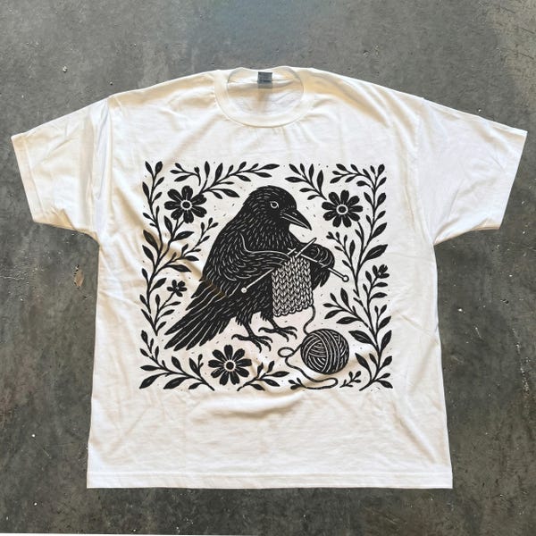 Crow Knitting T-Shirt, Linocut Style Bird Tee, Floral Knitter Shirt, Gothic Cottagecore Gift