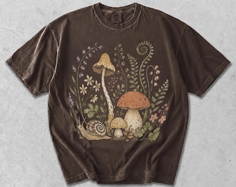 Botanical Mushroom Snail Shirt, Vintage Forest Etching Tee, Cottagecore Naturecore Gift
