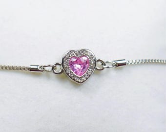 Pink Heart Zircon Crystal Bracelet: Dainty Silver Tone Chain