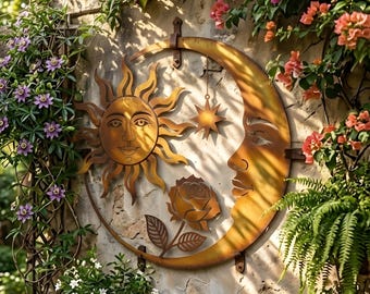 Metal Celestial Wall Decor Sun Moon, Sun Moon Wall Decor, Large Garden Wall Art, Outdoor Patio Hanging, Unique Housewarming Gift
