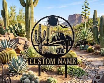 Custom Desert Metal Garden Sign, Personalized Cactus Yard Stake, Southwest Outdoor Decor, Arizona Style Garden Art