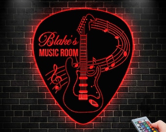 Custom Guitar Pick Metal SignLED Light, Personalized Guitarist Name Sign, Guitarist Gift, Music Room Decor, Guitar Player Sign