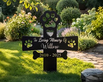 Custom Dog Memorial Cross Stake: Personalized Pet Memorial Sign, Paw Print Grave Marker