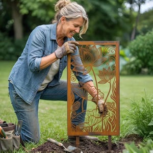 Metal Lotus Flower Garden Panel, Rusty Steel Outdoor Decor, Zen Garden Art, Decorative Yard Screen, Floral Fence Insert