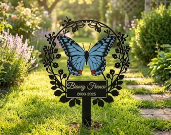 Custom Butterfly Memorial Garden Stake: Personalized Metal Grave Marker, Custom Name Sympathy Gift