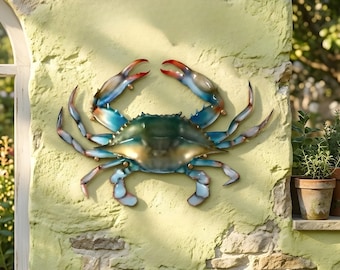 Coastal Crab Metal Wall Art, Nautical Beach Decor, Blue Crab Outdoor Wall Hanging, Seaside Garden Decor