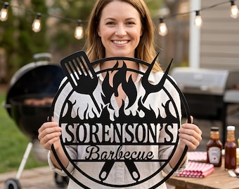 Custom BBQ Metal Sign, Personalized Grill Sign, Family Name Barbecue Wall Art,Outdoor Kitchen Decor