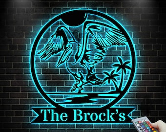 Custom American White Pelican Metal Wall Art Led Light:Pelican Lover Name Sign, Pelican Decor,