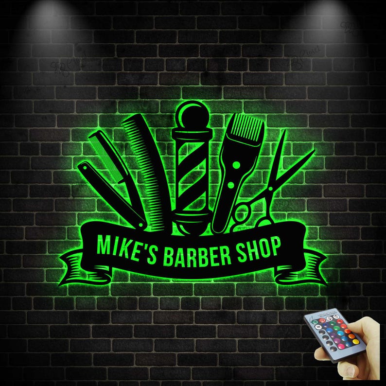Custom Barber Shop Metal Wall Art With LED Light, Barber Shop Wall ...