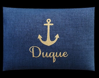 Anchor Captain / Boat Name Outdoor Pillow Cover in Indigo Navy Blue Gold Thread | Monogrammed | Gift | Embroidered | Wedding | Nautical