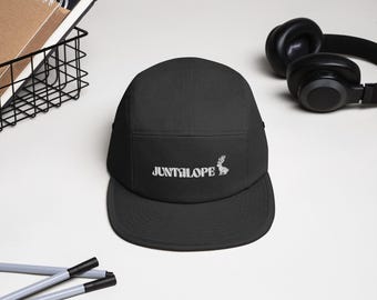 Black 5 Panel Camp Hat – White Juntalope Logo Streetwear Cap