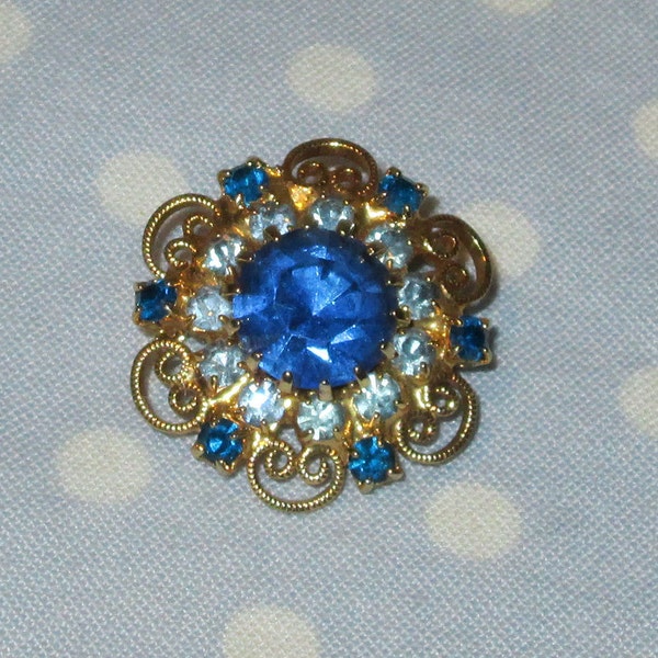 Vintage Brooch Pin Flower Blue Gold Petite Small