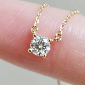 14K Solid Gold Moissanite Diamond Necklace, 7mm Round Solitaire Anniversary Gift Pendant
