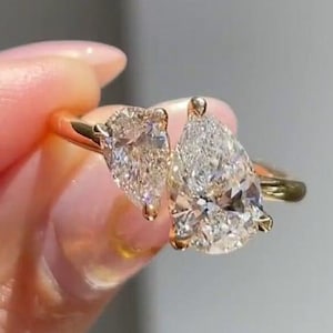 Toi et Moi Moissanite Pear Ring: 14K Gold Two Stone Engagement Ring