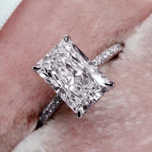 3.5 CT Radiant Cut Lab Grown Diamond Engagement Ring, 14K Gold Wedding Ring, Hidden Halo Radiant Lab Diamond Solitaire With Accent Ring