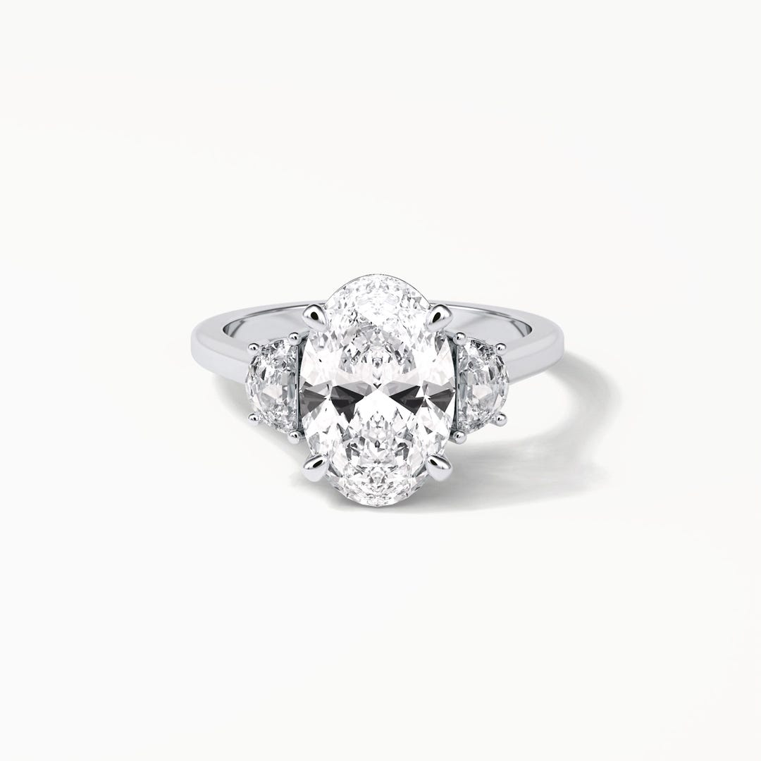 3 CT Oval Cut Lab Grown Diamond Engagement Ring, Half Moon Side Stones ...