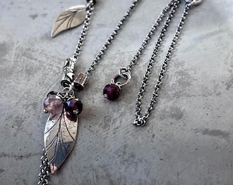 Oxidized Sterling Silver Garnet Delicate Leaf Necklac