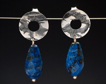 Sterling Silver Lapis Lazuli Drop Earrings, Textured Geometric Jewelry