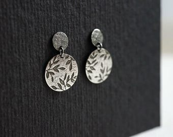 Leaf Earrings in Oxidized Sterling Silver, Botanical Patterned Studs