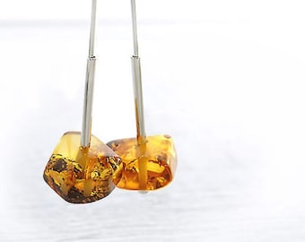 Minimalist Earrings with Baltic Amber, Modern Sterling Silver Design