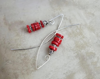 Oxidized Silver Earrings with Red Coral, Handmade Boho Jewelry