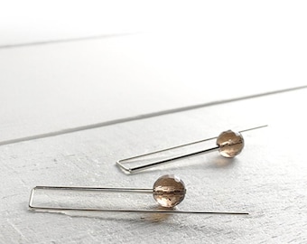 Smoky Quartz Dangle Earrings in Sterling Silver, Modern Minimalist Design